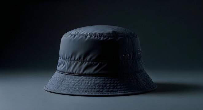 A black bucket hat on a dark gray surface with a dark background