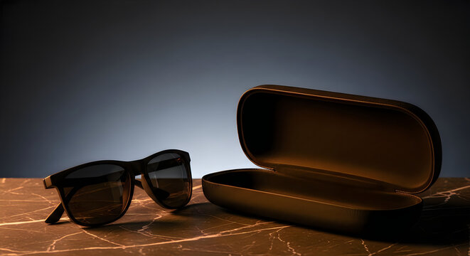 Brown leather sunglasses and case on marble table with dark background