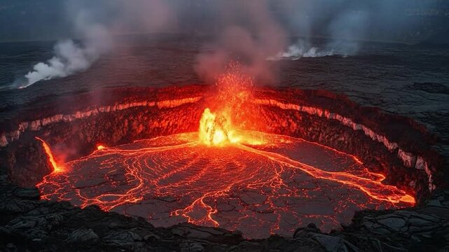 Volcanic eruption with lava flows.