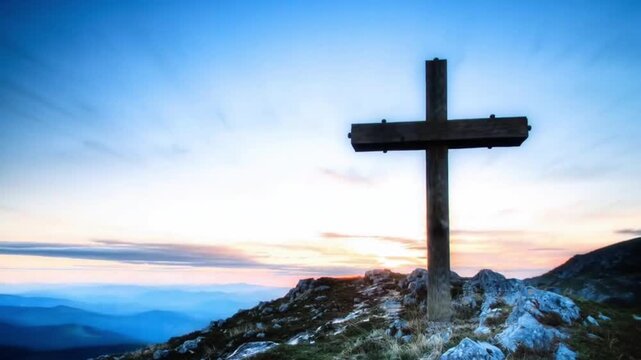 Summit Cross At Sunrise Mountain. Time-lapse Cathodic Religion Symbol. Christian Wooden Cross Crucifixion Of Jesus Christ. Cross On Top Mountain At Sunset. Christianity Religion Prayer. Crucifix Symbo