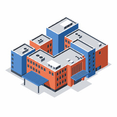 Fototapeta premium Isometric illustration of a modern office building complex with orange and blue facades, featuring multiple stories and rooftop units.