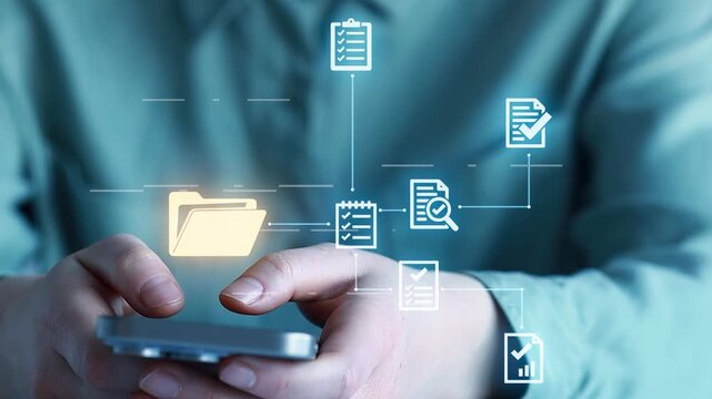 Use of mobile device for document management in a workspace during working hours in a modern office environment.