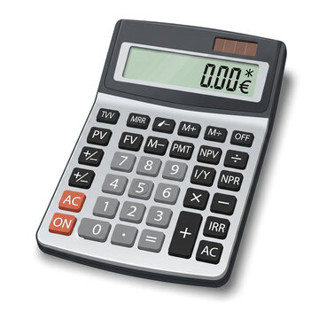 A calculator with a display showing 0.00 euros on a white background in white background.