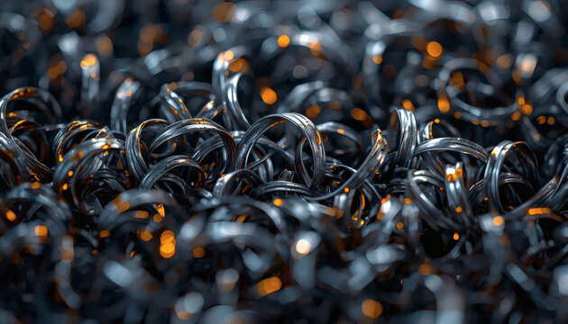 Intertwined metal swarf shavings macro. CNC industrial waste background.