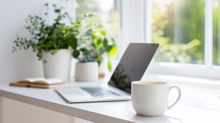 Fototapeta premium Bright home office desk with laptop coffee cup and green plants by sunny window creating calm remote work atmosphere