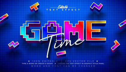 Fototapeta na wymiar Game Time Editable Text Effect Design Vector Graphic Style with Scalable 3d Retro Video Game Typography Lettering on Blue Checkered Background. Premium Leisure and Recreation Illustration Template