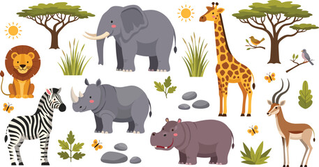 African Safari Animals Including Elephant, Giraffe, Lion, Rhino, Zebra, and Antelope in a Savanna Landscape IllustrationAfrican Safari Animals Including Elephant, Giraffe, Lion, Rhino, Zebra, and Ante © Mominul