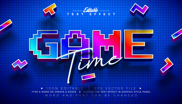 Game Time Editable Text Effect Design Vector Graphic Style with Scalable 3d Retro Video Game Typography Lettering on Blue Checkered Background. Premium Leisure and Recreation Illustration Template