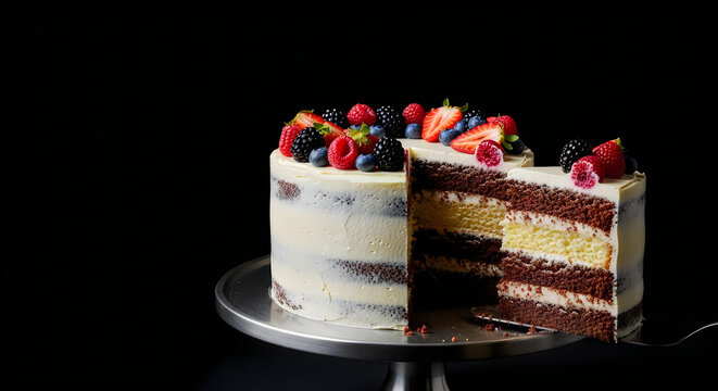 A layered cake with white frosting and mixed berries on top, displayed on a silver cake stand against a black background