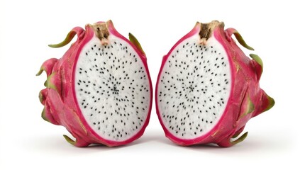 Two halves of a vibrant pink dragon fruit are displayed against a clean white background, showcasing its speckled white flesh and black seeds in a bright studio shot.