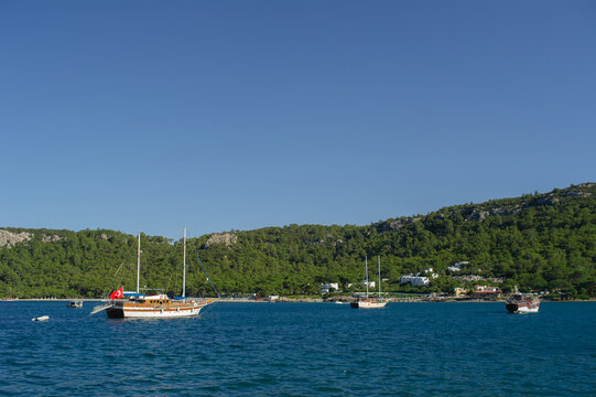 A wide-angle horizontal shot of several traditional wooden gulets and sailing yachts anchored in a deep blue Mediterranean bay, with lush green forested mountains and a clear sky in the background.