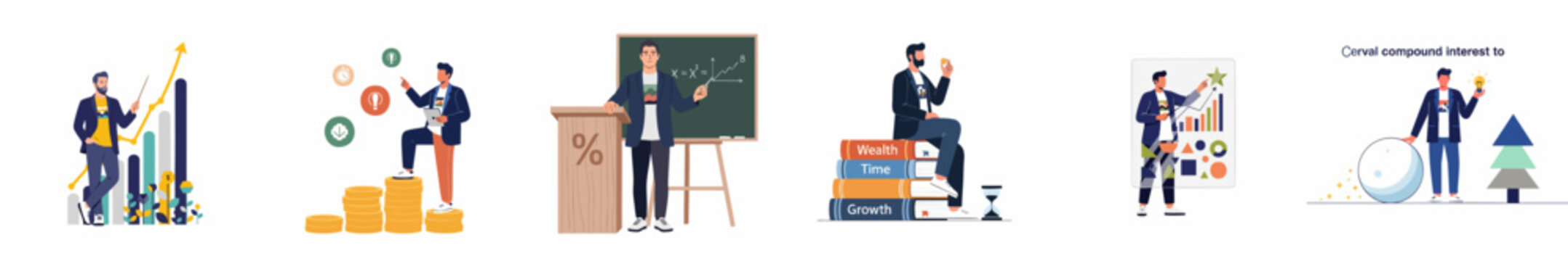 Collection of Business and Finance Illustrations Depicting Compound Interest, Wealth Accumulation, Financial Planning, and Investment Growth Strategies.
