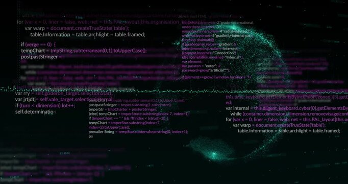 Animation of computer language, graphs, globe and changing numbers over black background
