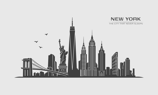 New York skyline silhouette with Statue of Liberty and Manhattan landmarks