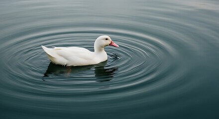 Obraz premium Serene White Duck Swimming on Calm Water with Ripples and Reflections