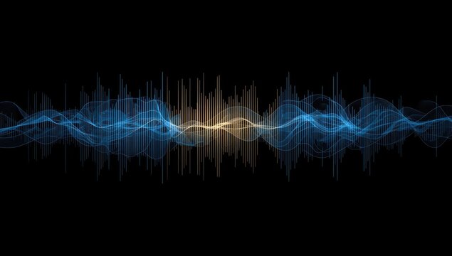 Abstract digital illustration depicting a sound wave, visualising audio in blue and gold hues