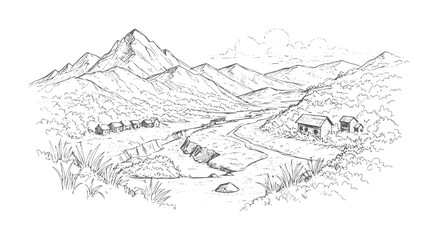 Obraz premium Hand drawn of a mountain valley with a winding river and small village handdrawn