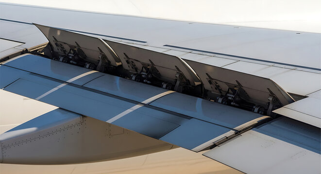 Airplane Wing Spoilers Deployed During Landing Close Up of Aircraft Wing Flap Mechanism in Flight