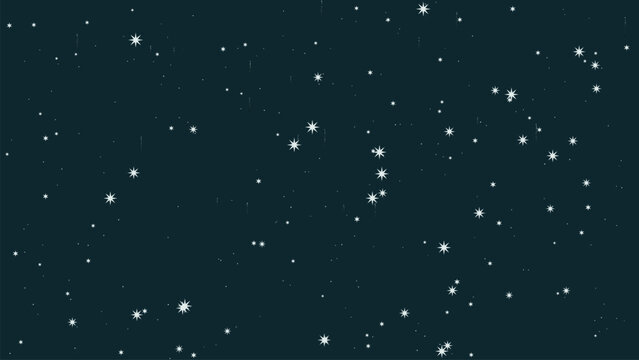 Background night sky with white stars and sparkles scattered on dark teal blue backdrop for winter holiday design, Christmas greeting cards, celestial space illustrations, festive decorations