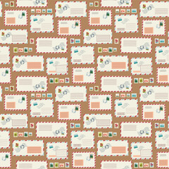 Fototapeta premium Vintage airmail letters and colorful postage stamps on a brown background