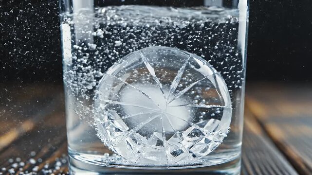 A fizzy tablet dissolving in water, producing bubbles and sprays. Close up shot