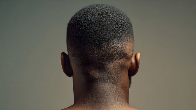 rear view portrait of a man with classic taper fade haircut, neat tapered neckline, natural hair texture, minimal styling, barbershop aesthetic