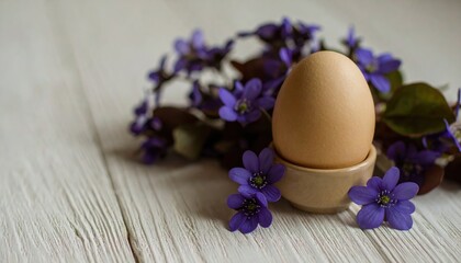 Easter still life, egg in a stand, a bouquet of spring purple flowers hepatica on a white wooden table 
