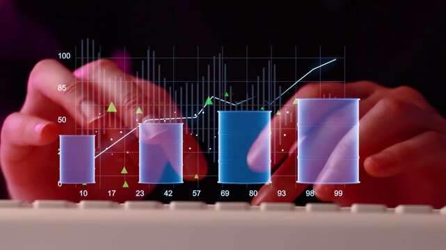 Data analysis takes place with hands on a keyboard and graphs displayed on the screen showing trends and metrics from different time periods.