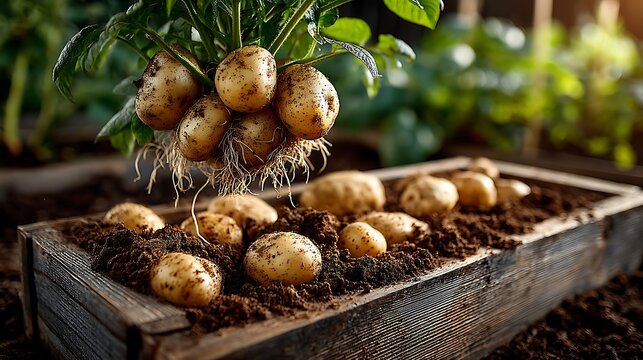 A close-up view of freshly harvested organic potatoes being carefully unearthed from a rustic wooden garden bed, celebrating sustainable farming and homegrown goodness