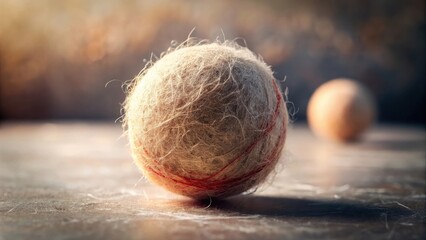 A well-worn, fuzzy ball rests on a textured surface, illuminated by soft light, with a slightly out-of-focus companion ball in the background, suggesting a sense of time and play
