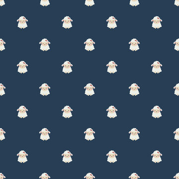 Cute hand drawn seamless pattern with fluffy white sheep on a dark blue background