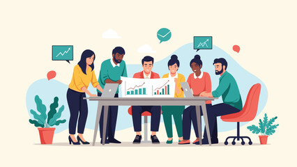 Obraz premium Diverse group of corporate professionals gathered around a large table to analyze financial data charts and business growth statistics together.