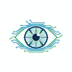 Fototapeta premium Digital eye with circuit board patterns representing technology and vision.