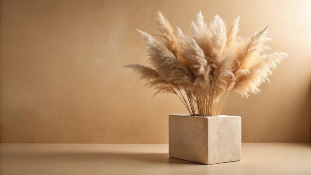 A beige cubic container holding a bouquet of dried pampas grass sits on a neutral surface against a muted background.