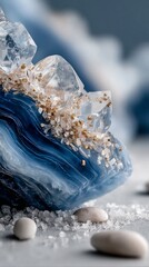 Beautiful blue agate stone with clear quartz crystals and light-colored pebbles.
