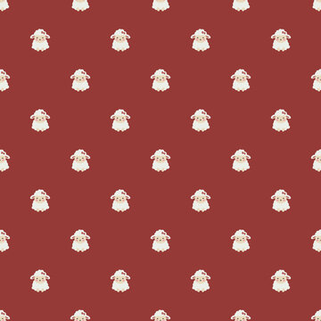 Cute hand drawn seamless pattern with fluffy white sheep on a dark red background