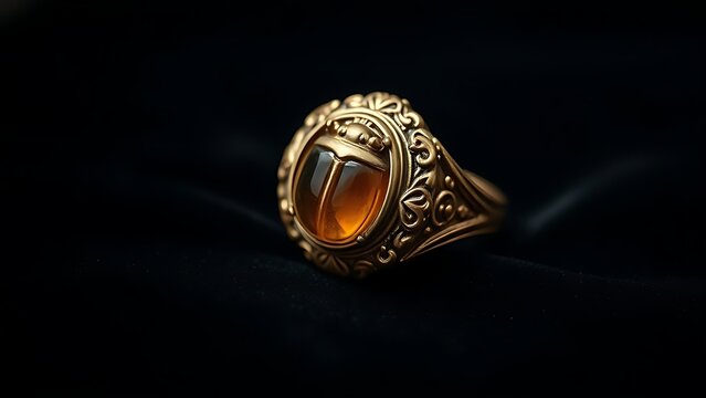 khepri. Ornate scarab beetle gemstone seal ring on black velvet with detailed carving. wildlife magazines, conservation campaigns, designed for eco-tourism storytelling, used by recruiters.