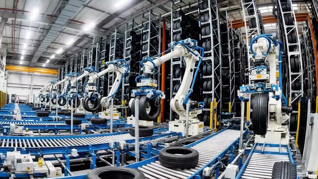 Robotic arms in a tire manufacturing facility lift and position tires on conveyor belts within a modern industrial warehouse setting