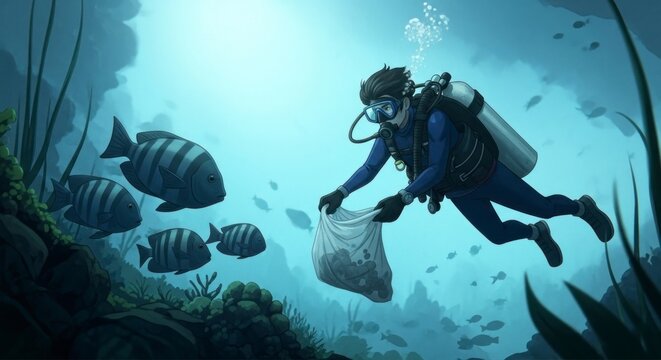 Underwater diver collecting debris near fish in turquoise marine environment