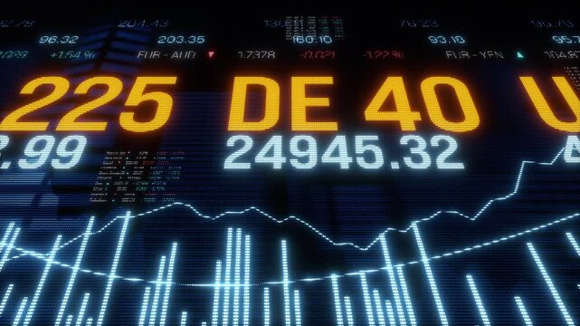 Device screen with global stock market index data, financial market information. Bar graph, rising chart and market prices, trading board, investment strategy, equity, risk management, information.