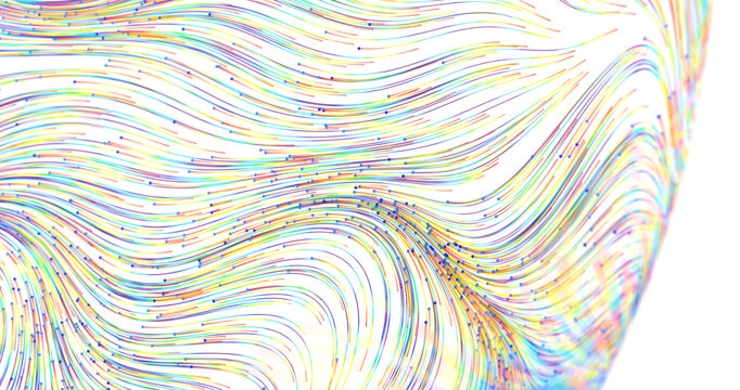 Dynamic abstract artwork featuring colorful flowing lines, creating a sense of movement and energy against a bright whit