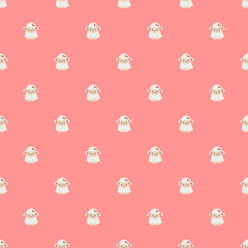 Sweet cartoon style repeating pattern featuring adorable lambs with bows for nursery textile design