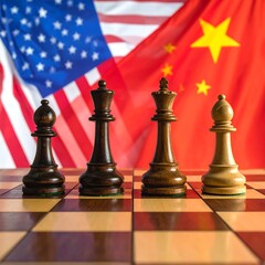 Fototapeta premium A chessboard with four chess pieces in front of US and Chinese flags