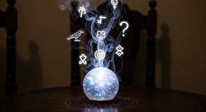 Crystal Ball with Symbols and Question Mark.