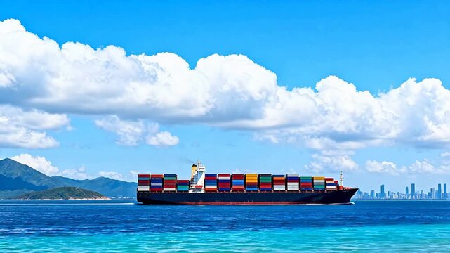 Cargo ship loaded with containers sailing in ocean