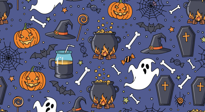 Spooky Halloween seamless pattern illustrated with pumpkins, ghosts, bats, witch hats, coffins, and cauldrons on a dark blue background for festive fun.