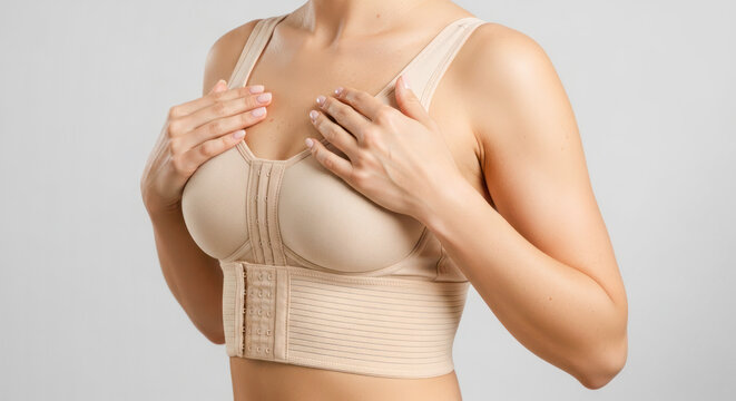 Woman wearing a beige post-surgery compression bra, hands placed gently on chest, showcasing support garment for breast surgery recovery
