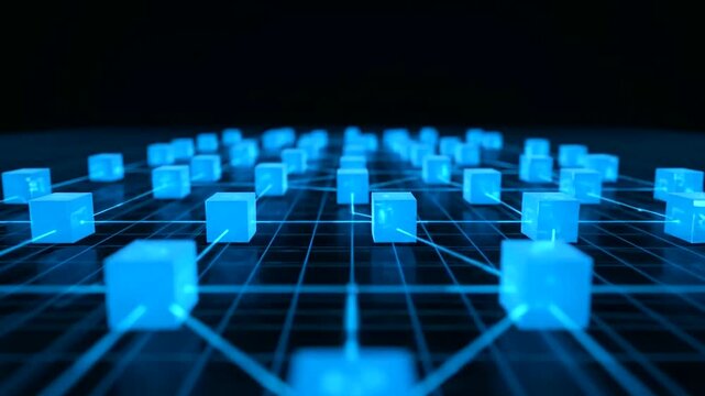 Sustainable finance reporting concept visualized as a futuristic blockchain network with glowing blue data blocks.