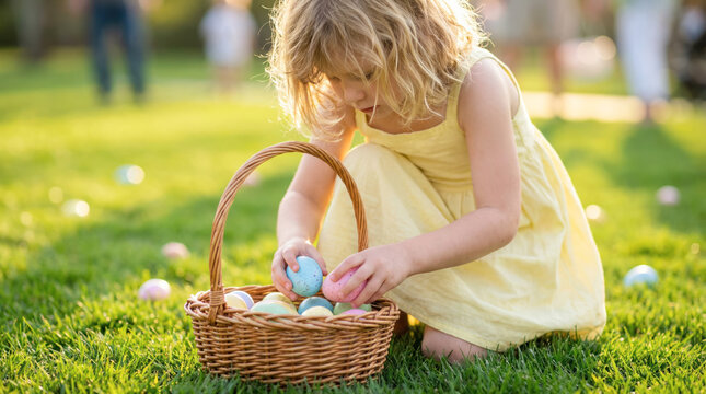 Young girl in yellow dress collects colorful Easter eggs in a wicker basket during an outdoor egg hunt on a sunny day in a grassy field