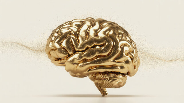 Golden Brain with Glowing Neural Connections on White Background